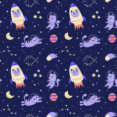 Seamless pattern of cute cats in space