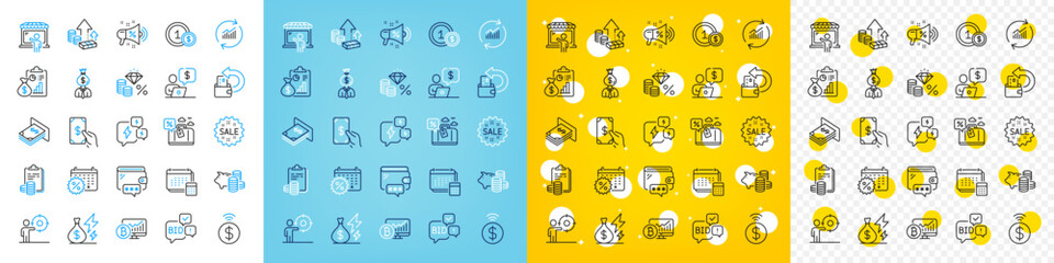 Vector icons set of Travel loan, Inflation and Report line icons pack for web with Manager, Business person, Update data outline icon. Money tax, Sale, Cash back pictogram. Accounting. Vector