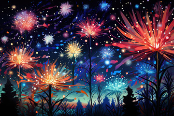 Fototapeta premium Beautiful night landscape with flowers and fireworks. Vector illustration. 