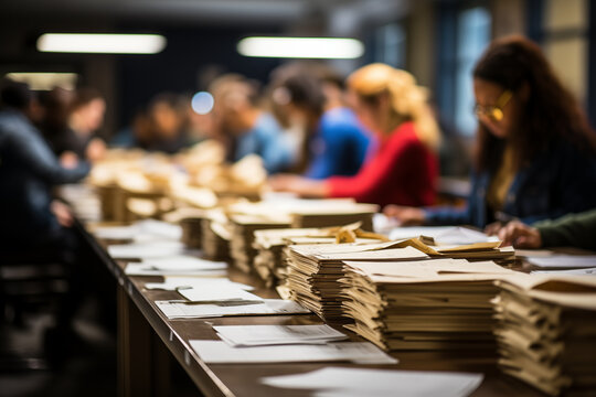 election officials meticulously verifying and counting ballots at a counting center, with a stack of ballots in the foreground. Eye-catching photo, blurry background