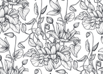 Beautiful hand drawn vector seamless pattern with black and white garden flowers, clematis, hydrangea, begonia