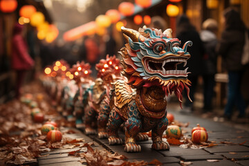 enchanting shot of a dragon parade illuminated by colorful lanterns, ideal for promoting festive events or conveying best wishes, with copy space, eye-catching photo,