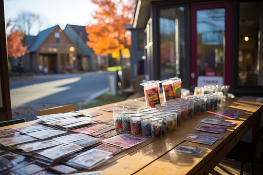 various campaign materials such as flyers, buttons, and signs laid out on a table, their details blurring into a colorful campaign office. Eye-catching photo, blurry background
