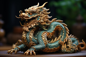 Fototapeta premium ornate golden dragon figurine against an emerald background, creating a stunning contrast and space for personalized content, with copy space, eye-catching photo,