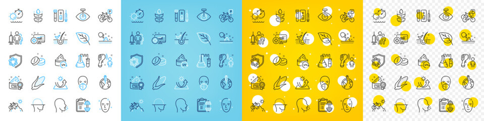 Vector icons set of Chemistry lab, Skin moisture and Coronavirus line icons pack for web with Mountain bike, Bicycle parking, Face scanning outline icon. Medical tablet, Eye laser. Vector