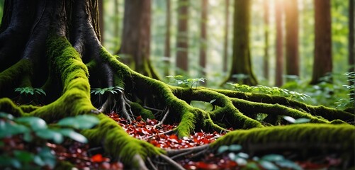 Widely branched moss covered tree roots on the forest floor covered with autumn leaves.