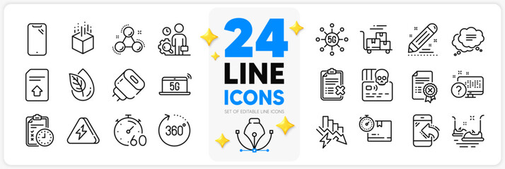 Icons set of Saving electricity, Cardboard box and Inspect line icons pack for app with Cyber attack, Timer, Delivery cart thin outline icon. Augmented reality, Incoming call. Vector