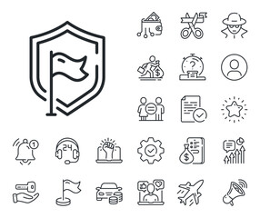 Privacy secure sign. Salaryman, gender equality and alert bell outline icons. Shield line icon. Safe defense symbol. Shield line sign. Spy or profile placeholder icon. Online support, strike. Vector