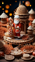 Naklejka premium Santa Claus Figurine with Carved Wooden Christmas Ornaments