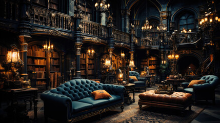 Beautiful interior of a library with spiral staircase and a chandelier.
