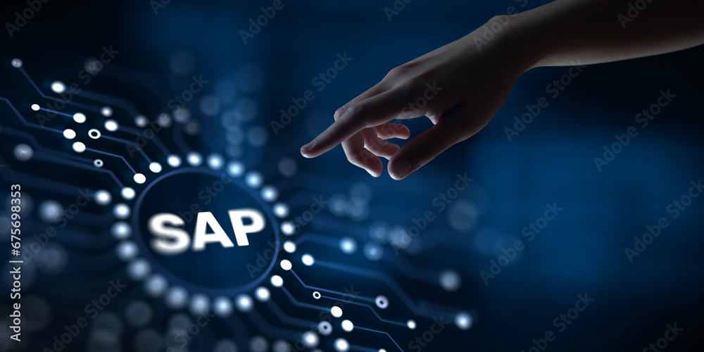 Wall mural sap business process automation software system on virtual screen.