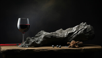 wine glass and bottle on a wooden table - obrazy, fototapety, plakaty