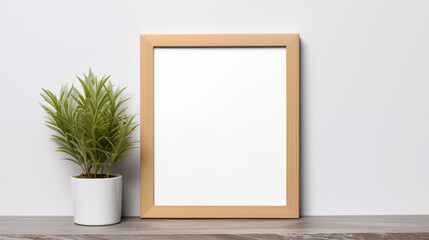 Photorealistic White Background Frame Mockup in Minimalist Style - A4 Size on Shelf - Created using Generative AI
