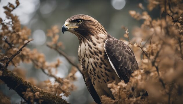 A hawk peering through tree branches with its piercing eyes 