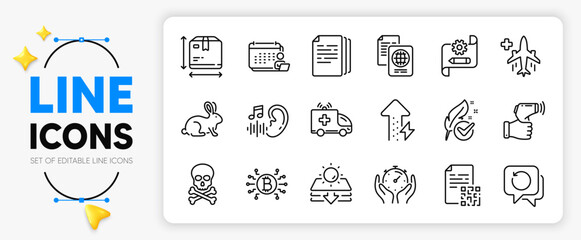 Cogwheel blueprint, Bitcoin system and Medical flight line icons set for app include Animal tested, Energy growing, Recovery data outline thin icon. Passport document. Vector