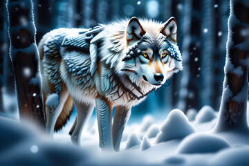 Wolf in the dark and cold winter forest. Generative AI