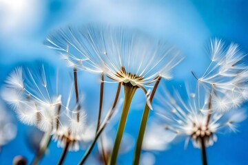 A close-up view of a dandelion with its delicate white seeds attached to a curved stem, set against a vibrant blue sky