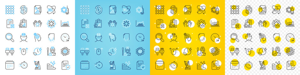 Vector icons set of Certificate, Density and Charging time line icons pack for web with Full rotation, Coronavirus, Report outline icon. Calendar, Consumption growth, Fingerprint pictogram. Vector