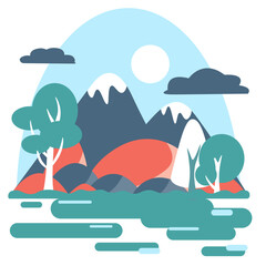 Fototapeta na wymiar landscape with mountains and lake in flat design