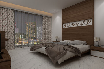 Between the bed and the entire window is a stunning view of the bohemian bedroom décor, which features white marble flooring and lights. 3D Rendering