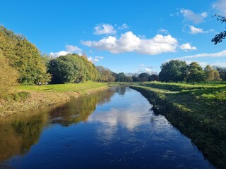Fototapeta na wymiar River in the park on sunny day with blue sky