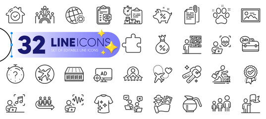 Outline set of Inclusion, Fraud and 24h service line icons for web with Online voting, Delivery report, Loan percent thin icon. Cyber attack, Keys, House security pictogram icon. Vector