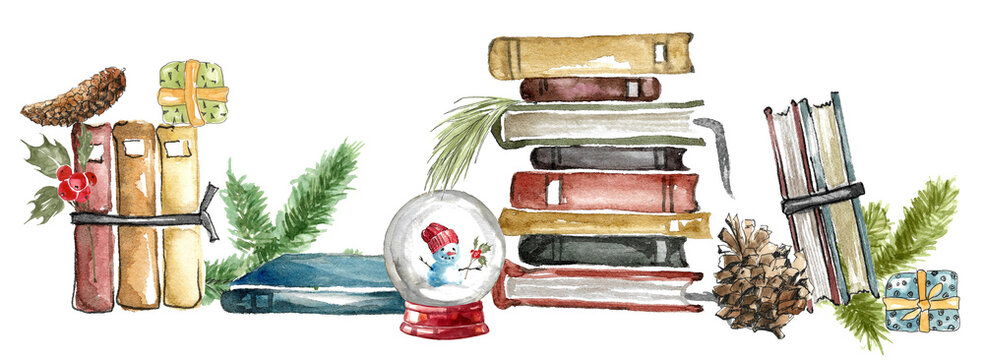 Cozy reading at Christmas. A long line of vintage books, fir branches, pine cones and boxes in holiday packaging, a snow globe. hand-drawn watercolor illustration