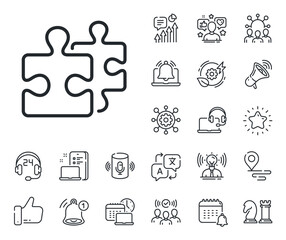 Jigsaw game challenge sign. Place location, technology and smart speaker outline icons. Puzzle pieces line icon. Business solution symbol. Puzzle line sign. Influencer, brand ambassador icon. Vector