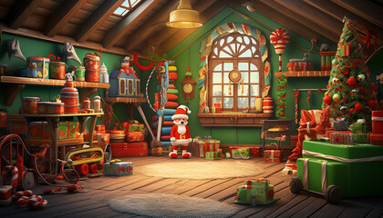 christmas shop with santa claus and presents