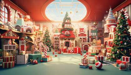 christmas shop with santa claus and presents - obrazy, fototapety, plakaty