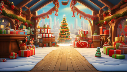 christmas shop with santa claus and presents