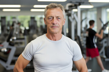  middle age sportive man in gym while looking at camera. personal trainer. Healthy lifestyle
