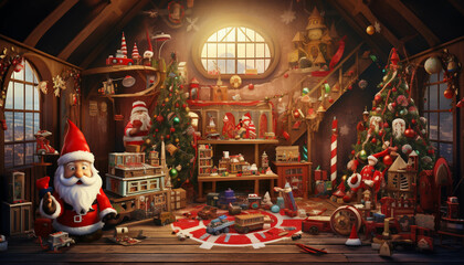 Naklejka premium christmas shop with santa claus and presents