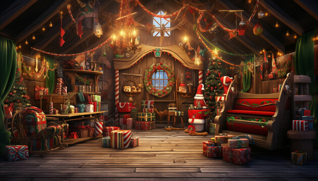 christmas shop with santa claus and presents
