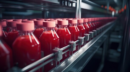 Automatic line for packing red juices into glass containers, food industry