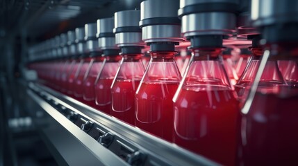 Automatic line for packing red juices into glass containers, food industry - obrazy, fototapety, plakaty