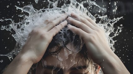 Person washing hair with shampoo under shower in bathroom
