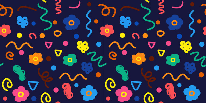 Abstract seamless pattern stroke for kids in Memphis style. Geometric hand drawn print, textile, wallpaper.