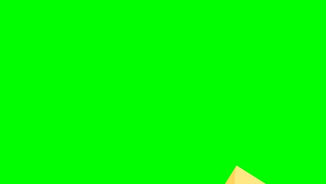 Piece of cheese. Emmental cheese triangle. Swiss cheese, isolated on a green background. Appears at the top, rotates in the center of the screen, and disappears downwards. Chroma key. 2d animation