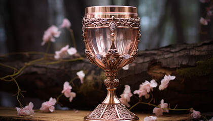 a gold goblet sitting on a wooden table - obrazy, fototapety, plakaty
