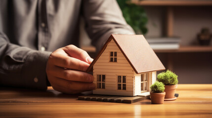 a man's hand is holding a miniature house, Insurance house. Insurance coverage concept.The insurance agent presents the toys that symbolize the coverage.