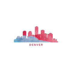 Denver city US watercolor cityscape skyline panorama vector flat modern logo icon. USA, Colorado state of America emblem with landmarks and building silhouettes. Isolated red and blue graphic