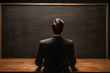  sharp-dressed man in a suit stands focused, analyzing a chalkboard, embodying professionalism, and a strategic mindset in a business or educational contex