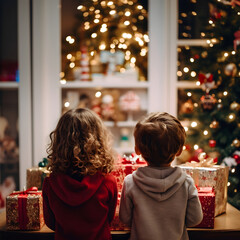  brother and sister immersed in holiday cheer, exploring a Christmas toy shop, brimming with festive excitement and wonder