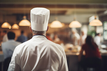  cook chef in traditional hat, gazing at a blurred restaurant backdrop, captures the essence of culinary expertise and restaurant ambiance