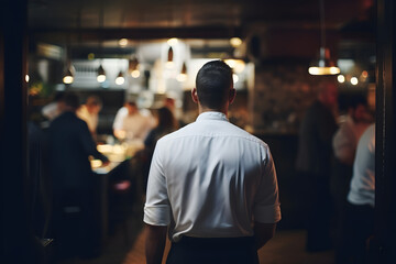 cinematic view of a dedicated young waiter in action, adding an element of elegance and drama to the ambiance of the restaurant, seen from the rear