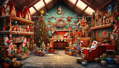 christmas shop with santa claus and presents