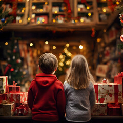 heartwarming scene in a Christmas shop: Siblings, brimming with holiday cheer, amidst presents and glowing lights, offering ample copy space for festive messages