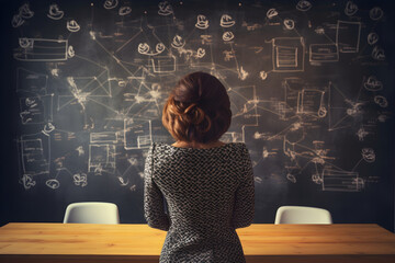 focused middle aged woman stands by her desk, intently studying a chalkboard, showcasing the essence of education, learning, and knowledge exploration