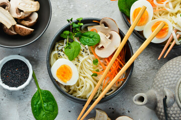 A bowl of Asian-style soup with udon noodles, egg, mushrooms, and green onions. On a stone...